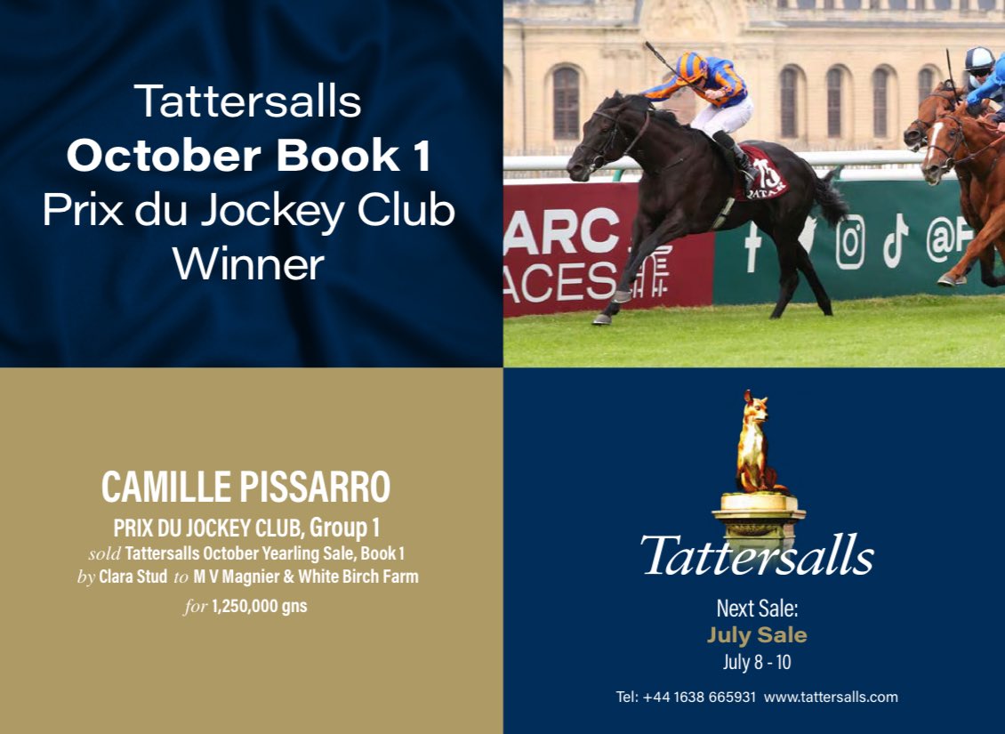 EBN (@bloodstocknews) on Twitter photo โจ <a href="/Tattersalls1766/">Tattersalls</a> October Book 1 Prix du Jockey Club Winner โจ
๐ CAMILLE PISSARRO wins the Gr.1 Prix du Jockey Club. Sold at the October Yearling Sale, Book 1 by <a href="/ClaraStud/">Clara Stud</a> to M V Magnier & White Birch Farm for 1,250,000gns.
Next Sale: July Sale
๐ July 8 - 10 โจ <a href="/Tattersalls1766/">Tattersalls</a> October Book 1 Prix du Jockey Club Winner โจ
๐ CAMILLE PISSARRO wins the Gr.1 Prix du Jockey Club. Sold at the October Yearling Sale, Book 1 by <a href="/ClaraStud/">Clara Stud</a> to M V Magnier & White Birch Farm for 1,250,000gns.
Next Sale: July Sale
๐ July 8 - 10