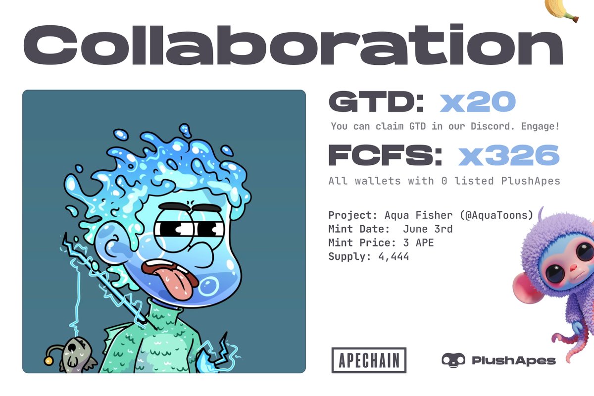 PlushApes's tweet image. π 20 Aqua Fisher GTD spots are available for claim through Engage in Plush Discord and ALL delisted holders are FCFS.
How to join:
1οΈβ£ Be Plush Holder.
2οΈβ£ Follow @AquaToons, @PlushApes
3οΈβ£ Claim your spot in Plush DS
4 hours
Blockchain: ApeChain