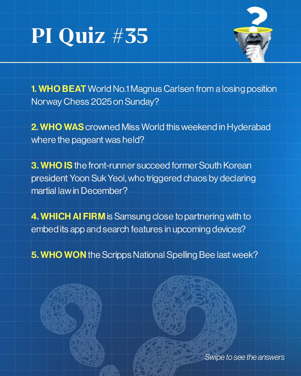 _PressInsider_'s tweet image. #PIQuiz | Think you’ve been keeping up with the headlines? From an Indian grandmaster defeating World No. 1 Magnus Carlsen at Norway Chess 2025 to Miss World being crowned in Hyderabad—this week had it all.