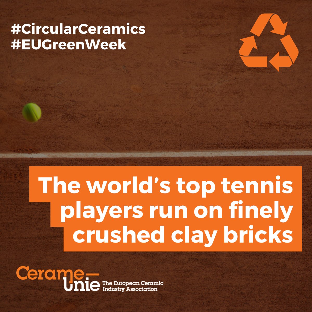 🎾The courts of #RolandGarros are made from finely crushed ceramic bricks.
🧱2,000 tonnes of imperfect French bricks are ground each year.
📦Just 80 tonnes coat the French Open courts — less than 0.1 mm thick.
Ceramics in   motion.

#CircularCeramics   #EUGreenWeek #Tennis