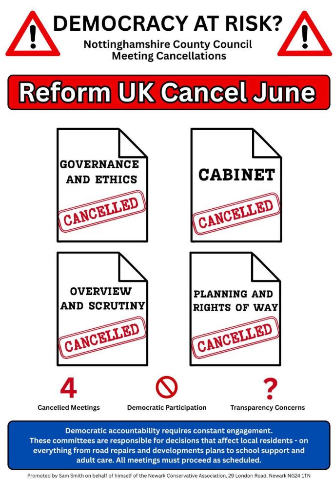 Report of another Reform UK County Council cancelling meetings, this time Nottinghamshire: facebook.com/share/p/16WE64…