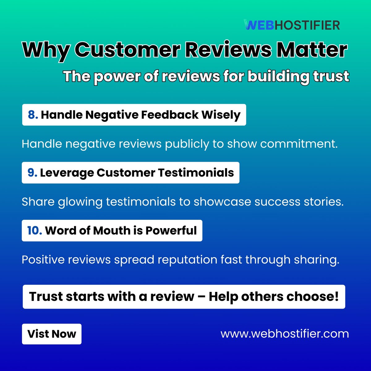 webhostifier's tweet image. Customer reviews = trust.

✅ Handle feedback wisely
✅ Share real testimonials
✅ Let word of mouth work magic

Start using reviews to grow with WebHostifier. 
💬
👉 webhostifier.com

#CustomerReviews #WebTrust #DigitalMarketing #WebHostifier