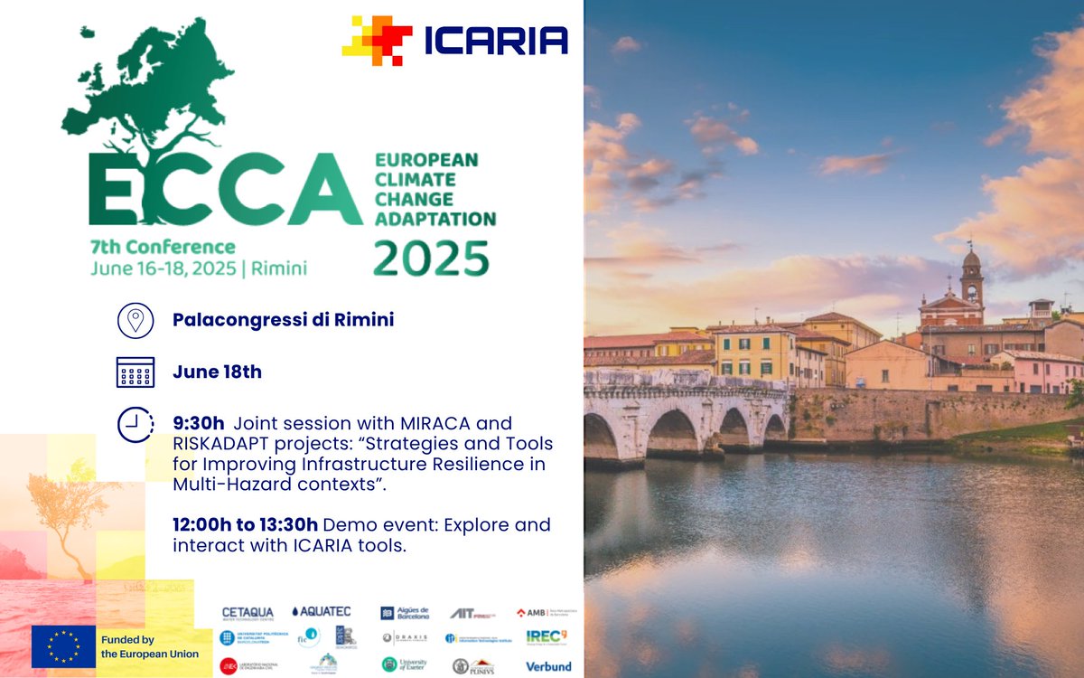 📢 #ICARIAeu will be at #ECCA2025 in Rimini📍! 
Join our joint session with the MIRACA and RISKADAPT projects and interact with ICARIA tools at the demo event 💡 to know how we contribute to building climate-resilient infrastructures in Europe.🌍
➕ info icaria-project.eu