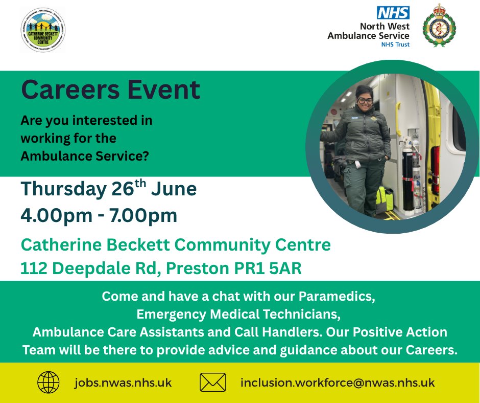 NWAS Equality, Diversity & Inclusion (@nwamb_inclusion) on Twitter photo <a href="/NWAmbulance/">North West Ambulance Service</a> Careers Event
Catherine Beckett Centre, Preston PR1 5AR
Taking place on Thursday 26th June 2025, 4.00pm 7.00pm.
With our Paramedics, Ambulance Care Assistants, Call Handlers & our Positive Action Team will be there to provide advice and guidance about our roles <a href="/NWAmbulance/">North West Ambulance Service</a> Careers Event
Catherine Beckett Centre, Preston PR1 5AR
Taking place on Thursday 26th June 2025, 4.00pm 7.00pm.
With our Paramedics, Ambulance Care Assistants, Call Handlers & our Positive Action Team will be there to provide advice and guidance about our roles