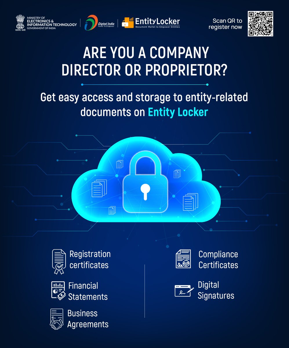 GoI_MeitY's tweet image. Whether you’re a startup founder, shop owner, or a company director, #EntityLocker helps you to manage, access, and share your entity-related documents. 

Register now at entity.digilocker.gov.in
 
#DigitalIndia #EaseOfDoingBusiness 

@digilocker_ind