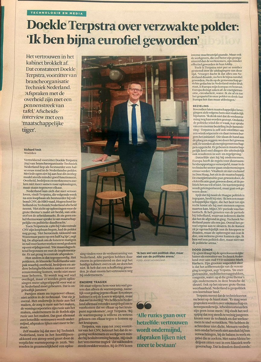 In #FD mooi interview van <a href="/smitri/">richard smit</a> met vertrekkend vz <a href="/TechniekNL/">Techniek Nederland</a> <a href="/doekle_terpstra/">doekleterpstra</a>: “Ik ben wel een politiek dier, maar niet van de politieke arena.” #maatschappelijketijger: