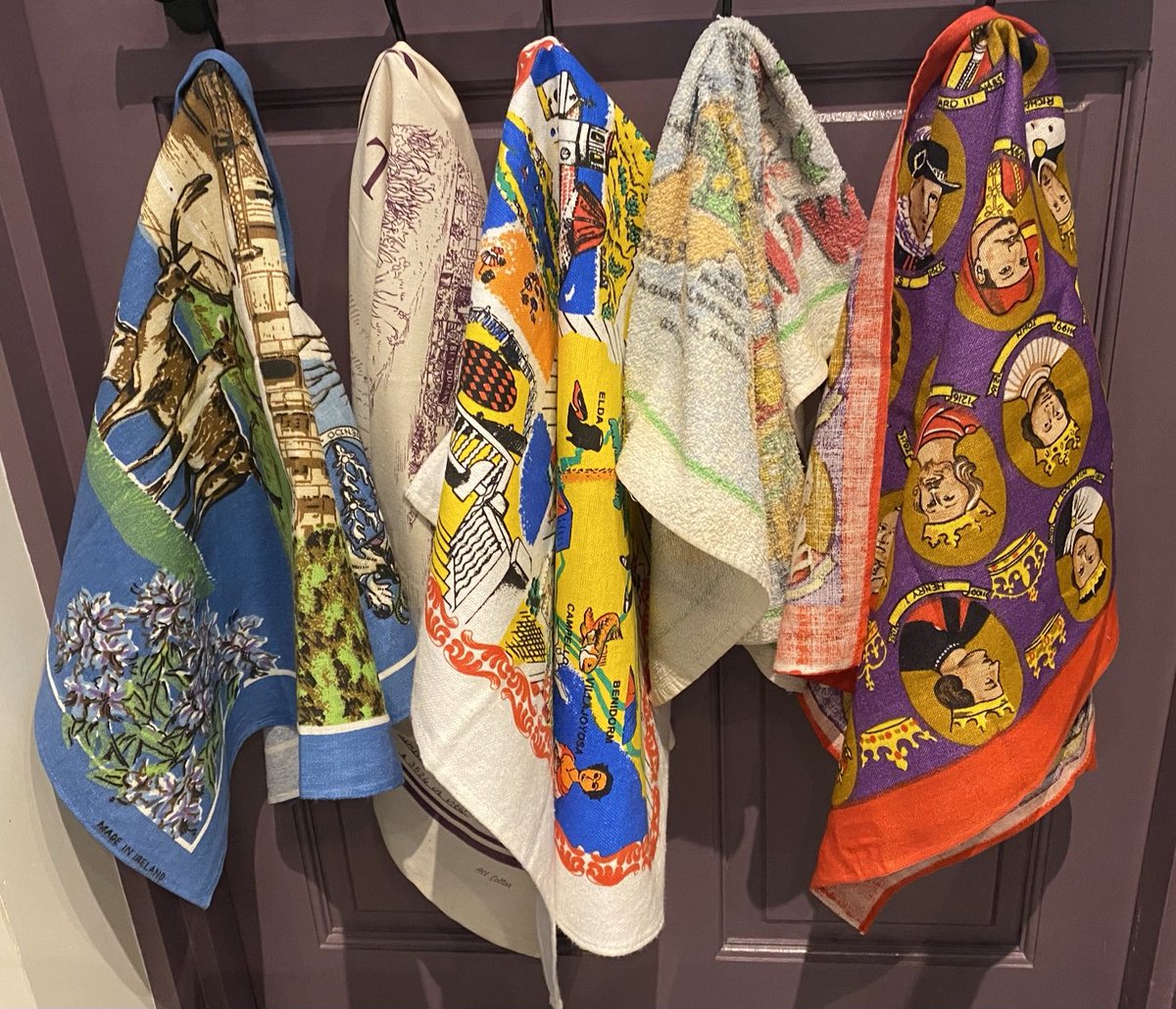 Changing of the Tea Towels: a lively bunch of vintage ones to use today. Everything from Kings and Queens of Britain to Benidorm. All shapes and sizes, all materials #GuinnessWorldRecord