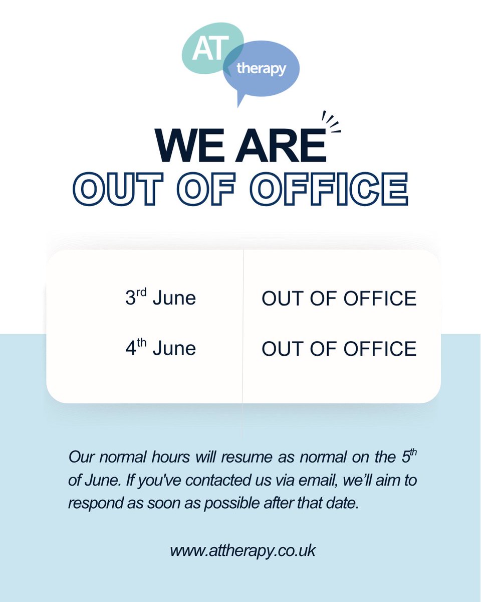 ATtherapy (@attherapy2012) on Twitter photo We're out of the office for the next two days! 🎉
Today is our staff meeting, and tomorrow we’re taking time to recharge with a staff wellbeing day to have some fun!💛
If you need us, feel free to email info@attherapy.co.uk and we will aim to get back to you as soon as we can. We're out of the office for the next two days! 🎉
Today is our staff meeting, and tomorrow we’re taking time to recharge with a staff wellbeing day to have some fun!💛
If you need us, feel free to email info@attherapy.co.uk and we will aim to get back to you as soon as we can.