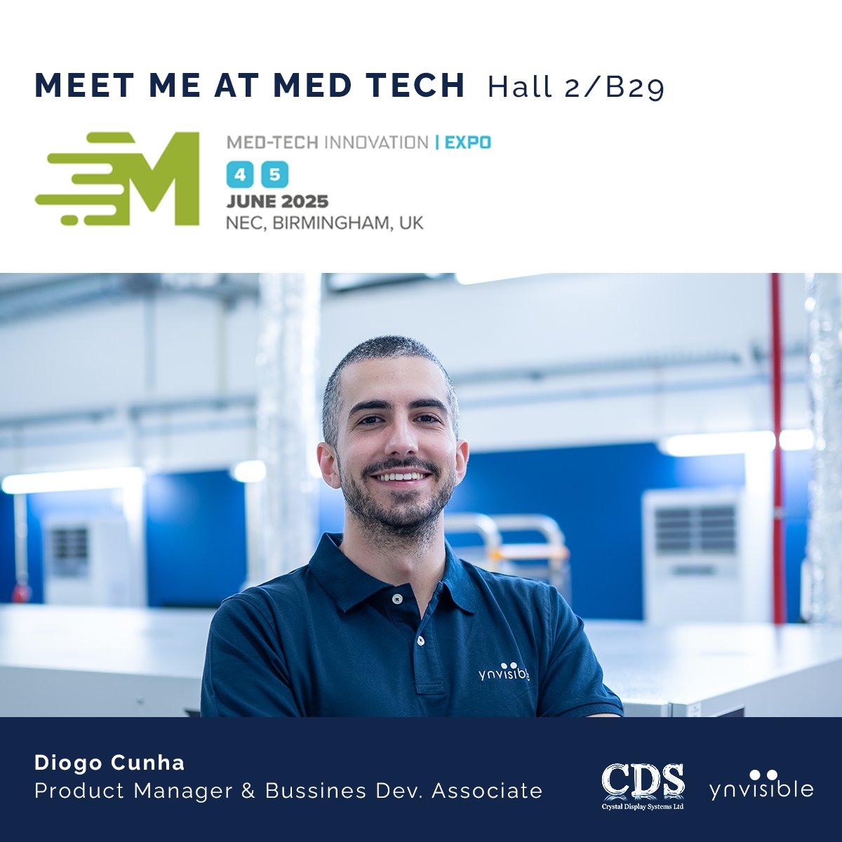 Meet us this week in Birmingham at Med-Tech Innovation Expo!

Learn about our low-power, thin, flexible, cost-efficient e-paper display and explore our products at Crystal Display Systems' booth, in Hall 2 / B29.

Diogo Cunha, our Product Manager &amp; Business Development Associate,
