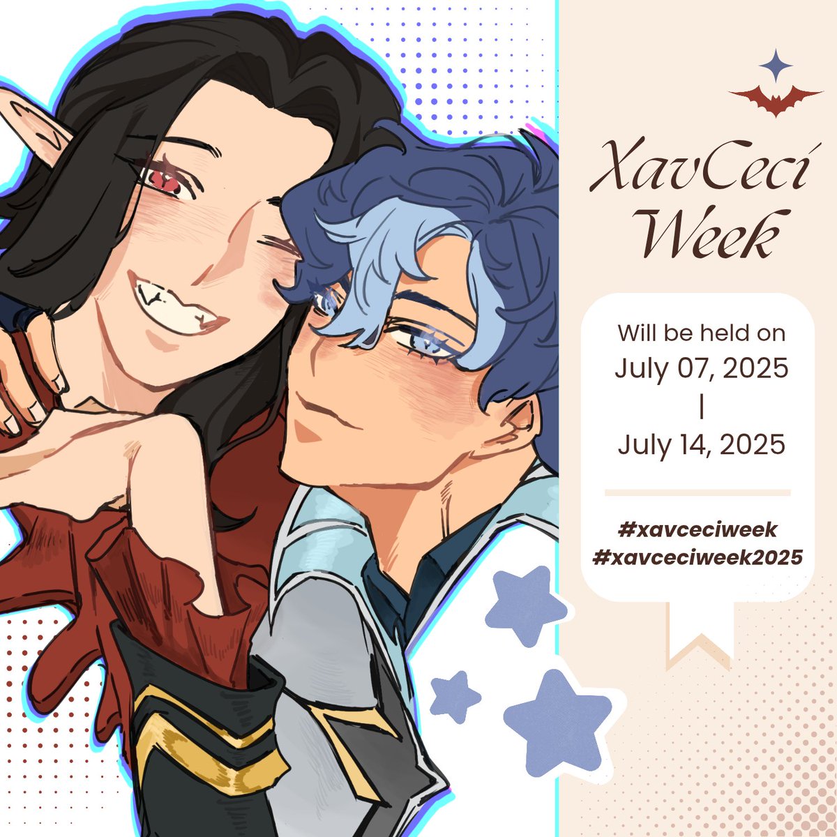 xavceci's tweet photo. Hello, beautiful people~ 

It's that time of the year again, time for a celebration of XavCeci's anniversary month.

There will be "#XavCeci Week" event that will be held from the 07th of July - 14th of July 2025

Make sure to check our RoR down below.

Come &amp; join us!
✨🦇 https://t.co/DZArlQKzZi