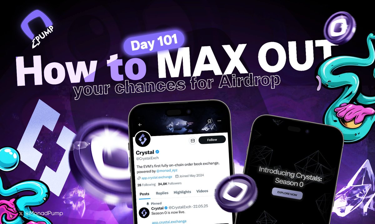 💥Testnet Day 101
How to MAX OUT your chances for the @‌monad_xyz Airdrop? 👇

Today we’re diving into
<a href="/CrystalExch/">Crystal</a>  - a fully on-chain Central Limit Order Book (CLOB) exchange built on Monad, delivering CEX-grade performance with DeFi transparency. ⚡📈

🧑‍💻 How to participate: