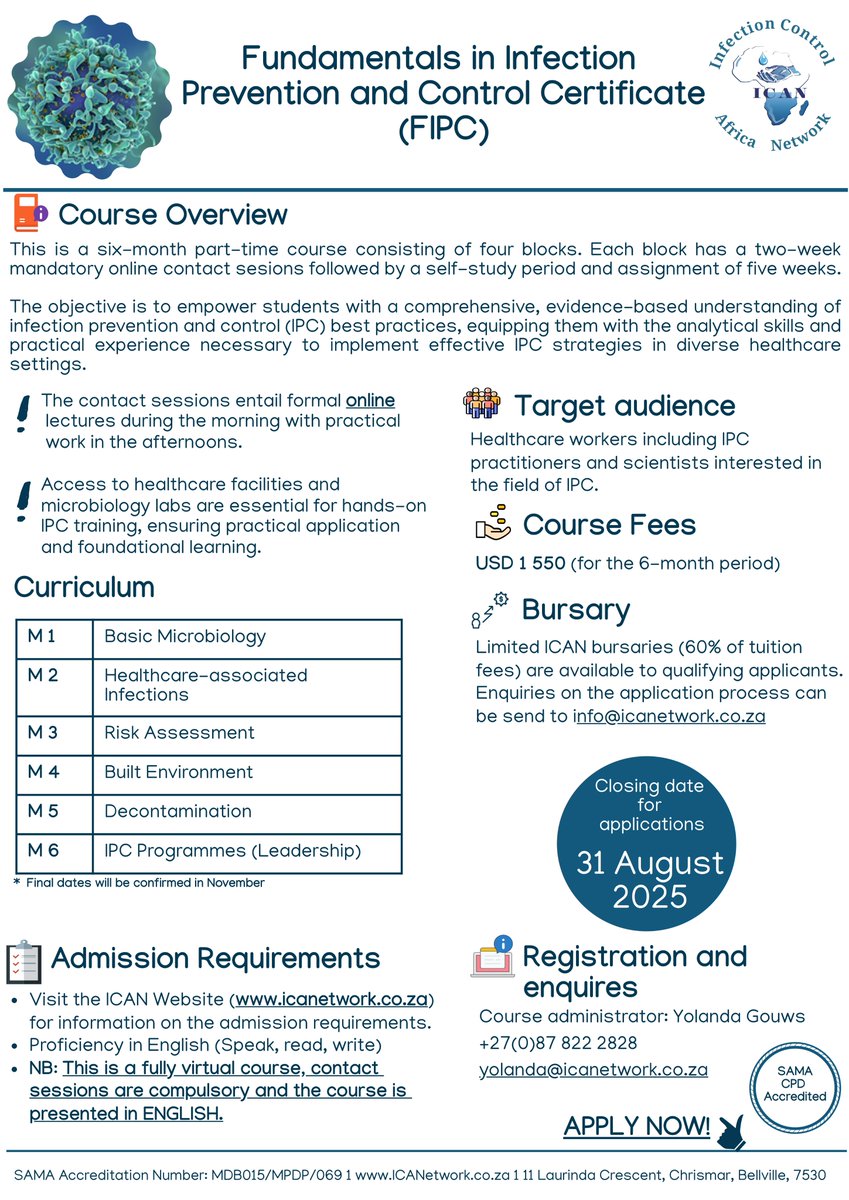 ICANetwork (@icafricanetwork) on Twitter photo Now Open for Registration!
Fundamentals in Infection Prevention and Control (FIPC) Course
Registrations Now Open
Contact: Yolanda Gouws
Email: yolanda@icanetwork.co.za
Tel: +27 (0)87 822 2828
Register online: forms.office.com/r/AtCrce61z6 Now Open for Registration!
Fundamentals in Infection Prevention and Control (FIPC) Course
Registrations Now Open
Contact: Yolanda Gouws
Email: yolanda@icanetwork.co.za
Tel: +27 (0)87 822 2828
Register online: forms.office.com/r/AtCrce61z6