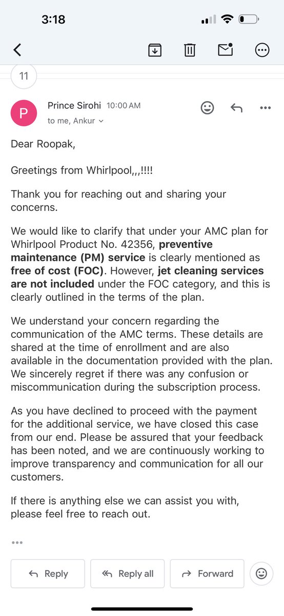 Twitroopa9's tweet photo. @whirlpool_india One more fabricated lie from your team. They said it’s mentioned in the t&amp;c, Meanwhile please check the screenshot of t&amp;c. https://t.co/bBnbJHFUVt