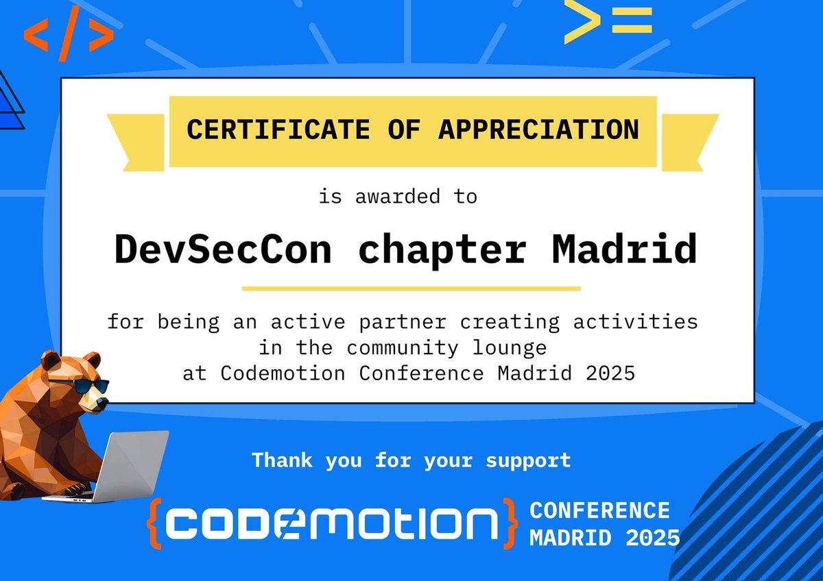 DevSecCon (@devseccon) on Twitter photo Fantastic achievement from the DevSecCon Spain Chapter for being an active partner in shaping the Community Lounge at <a href="/CodemoMadrid/">Codemotion Madrid</a> ๐
๐ If you're in Madrid and love IRL meetupsโcheck out their Meetup page for upcoming events.
bit.ly/3Hg6dG Fantastic achievement from the DevSecCon Spain Chapter for being an active partner in shaping the Community Lounge at <a href="/CodemoMadrid/">Codemotion Madrid</a> ๐
๐ If you're in Madrid and love IRL meetupsโcheck out their Meetup page for upcoming events.
bit.ly/3Hg6dG