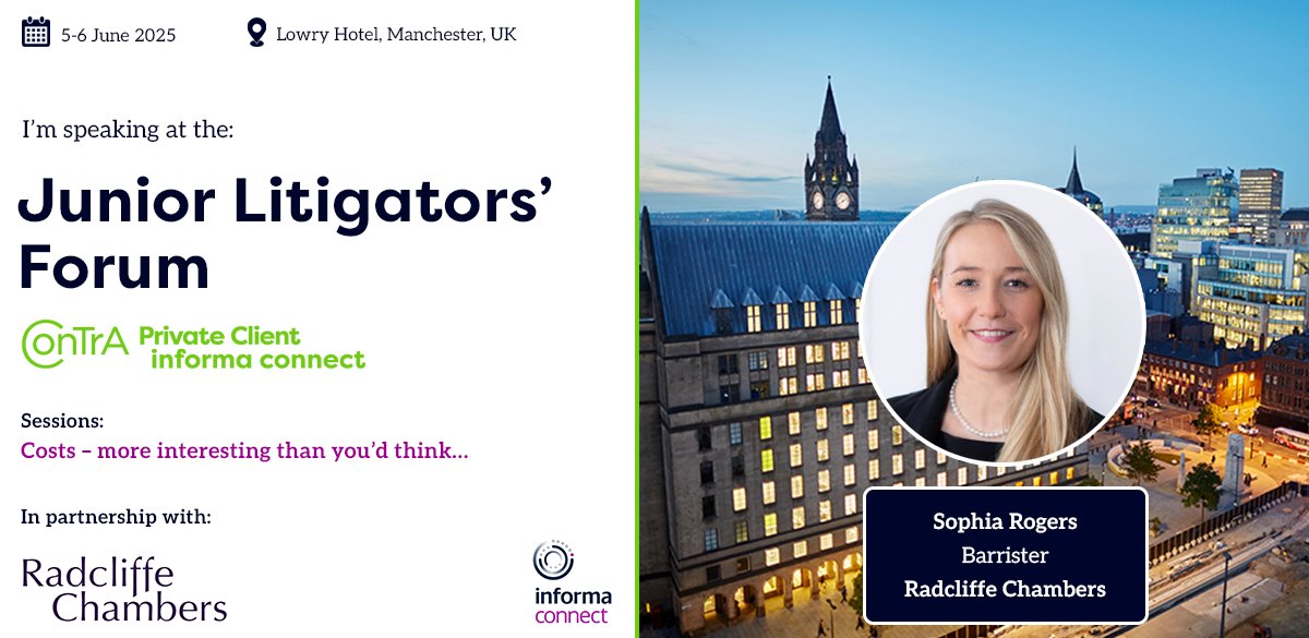 Radcliffe Chambers (@radcliffechmbrs) on Twitter photo Sophia Rogers will be speaking at the <a href="/ConTrA_socials/">ConTrA (The Contentious Trusts Association)</a> Junior Litigatorsā Forum 2025 taking place on Wednesday, 5th June.
Sophia will be speaking on āCosts ā more interesting than youād thinkā¦ā alongside Hayley Robinson of <a href="/stevens_bolton/">Stevens & Bolton LLP</a> LLP and Chris de Beneducci of Sophia Rogers will be speaking at the <a href="/ConTrA_socials/">ConTrA (The Contentious Trusts Association)</a> Junior Litigatorsā Forum 2025 taking place on Wednesday, 5th June.
Sophia will be speaking on āCosts ā more interesting than youād thinkā¦ā alongside Hayley Robinson of <a href="/stevens_bolton/">Stevens & Bolton LLP</a> LLP and Chris de Beneducci of