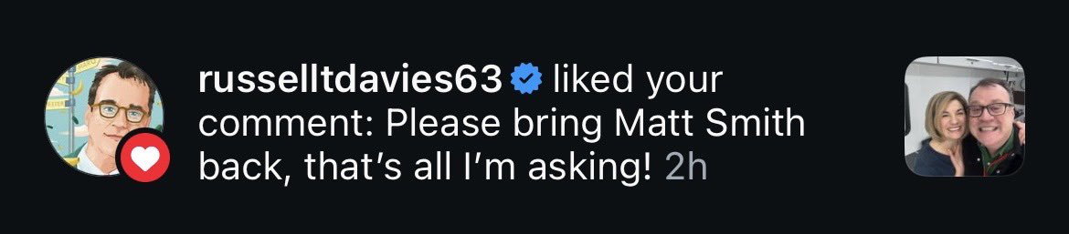 koolcam11's tweet image. What? Did he really like my comment?! #DoctorWho #TheDoctor #BBCAmerica #DisneyPlus #MattSmith #11thDoctor #RussellTDavies #DoctorWhoonDisneyPlus #Disney #PleasebringMattSmithback