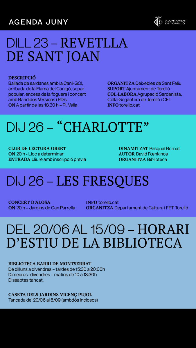 Ajuntament de Torelló (@ajtorello) on Twitter photo 🎭 AGENDA CULTURAL JUNY | Us avancem la programació d'actes de l'agenda cultural de #Torelló prevista per aquest mes de juny.
👉🏼 Podeu consultar més detalls de cada acte a l'entitat organitzadora o bé a l'apartat d'agenda de la web municipal: torello.cat/agenda-dactivi… 🎭 AGENDA CULTURAL JUNY | Us avancem la programació d'actes de l'agenda cultural de #Torelló prevista per aquest mes de juny.
👉🏼 Podeu consultar més detalls de cada acte a l'entitat organitzadora o bé a l'apartat d'agenda de la web municipal: torello.cat/agenda-dactivi…