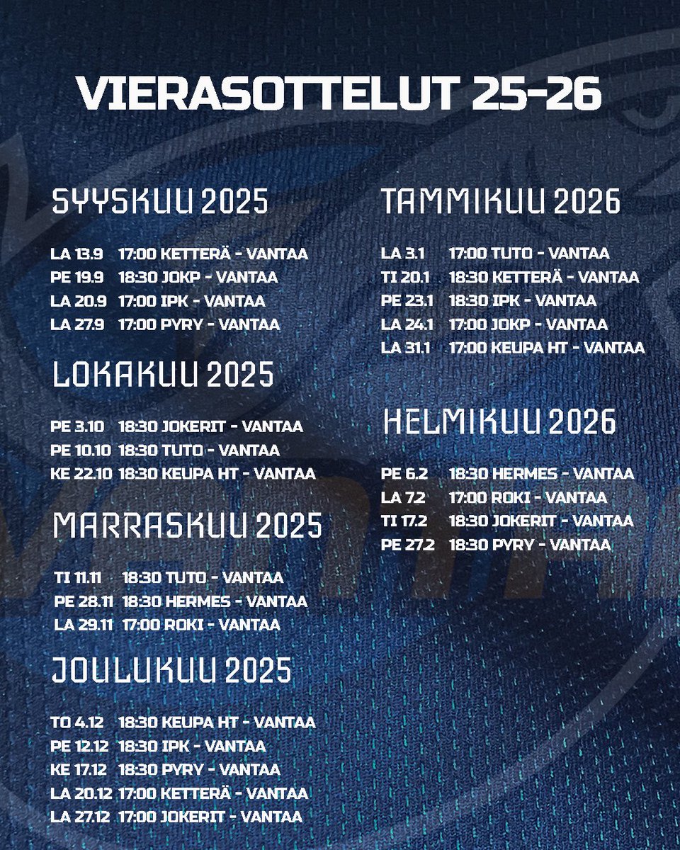 Runkosarjan 2025-2026 otteluohjelma on nyt julkaistu!

Kotiavaus venyy lokakuun puoliväliin Tikkurilan Areenan remontin vuoksi. Kotiavauksessa 14.10 vastaan asettuu Ketterä🔥

Varmista paikkasi Tikkurilan Areenassa hankkimalla kausikortti tästä: ticketmaster.fi/event/kiekko-v…