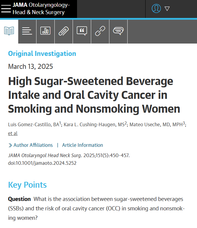 High sugar-sweetened beverage intake was associated with an increased risk of oral cavity cancer in women, regardless of smoking or drinking habits, yet with low baseline risk. ja.ma/4kiFWWv