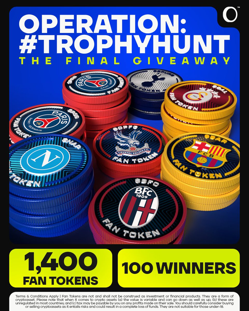 Fan Tokensβ’ (@fantokens) on Twitter photo High stakes. High rewards.
β
Operation: #TrophyHunt
100 Winners. 1,400 Fan Tokens.
How to enter:
β‘οΈ Follow <a href="/FanTokens/">Fan Tokensβ’</a>
β€οΈ Like and RT
π¬ Comment your CAP-20 Chiliz Chain wallet address High stakes. High rewards.
β
Operation: #TrophyHunt
100 Winners. 1,400 Fan Tokens.
How to enter:
β‘οΈ Follow <a href="/FanTokens/">Fan Tokensβ’</a>
β€οΈ Like and RT
π¬ Comment your CAP-20 Chiliz Chain wallet address