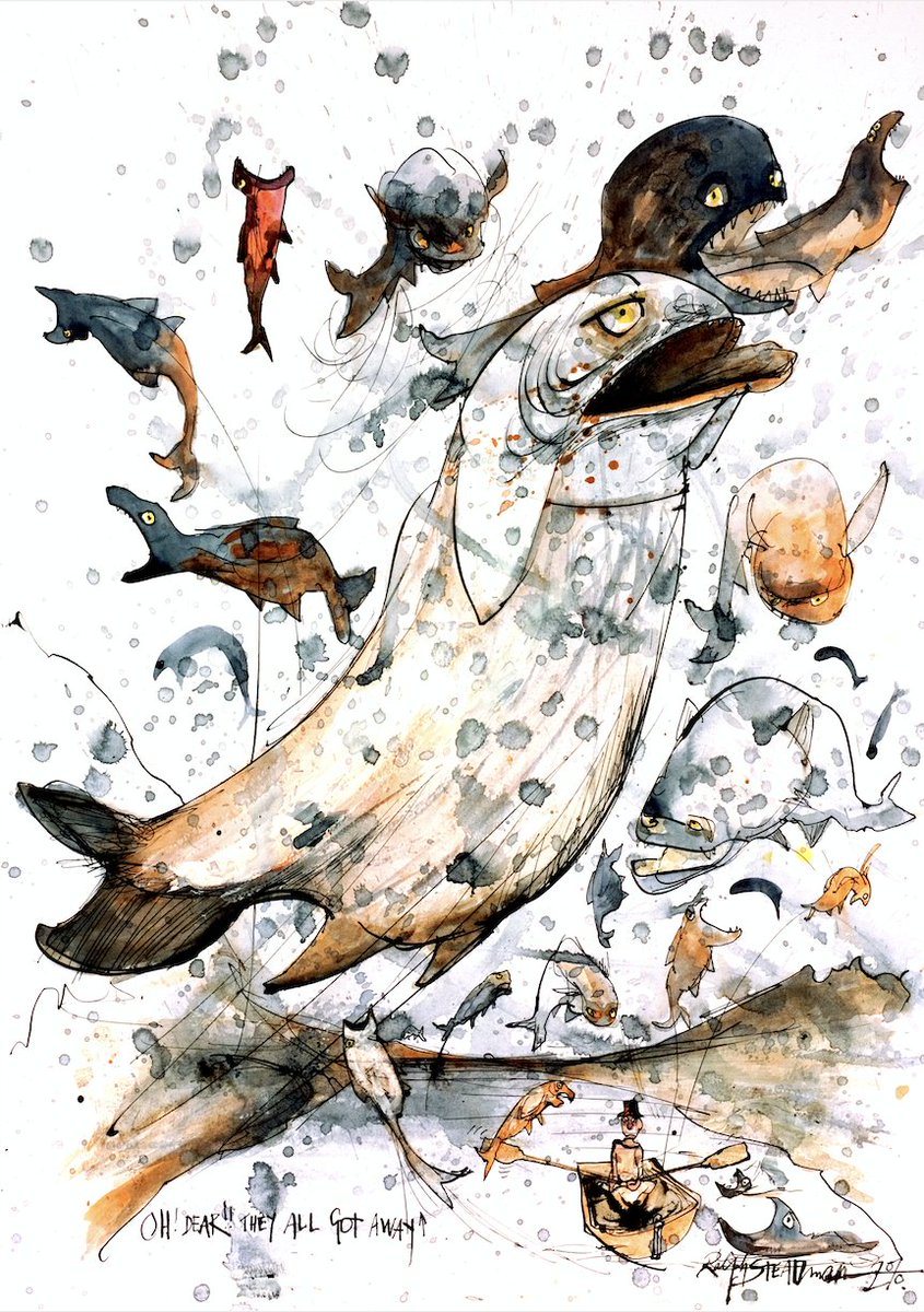 Fish—silent ghouls of the deep, blinking sideways in a world without sound. Scaled, slick, and ancient as sin. They know things. Cold things. Swim on, little mysteries. 

#Fish #RalphSteadman #Illustration