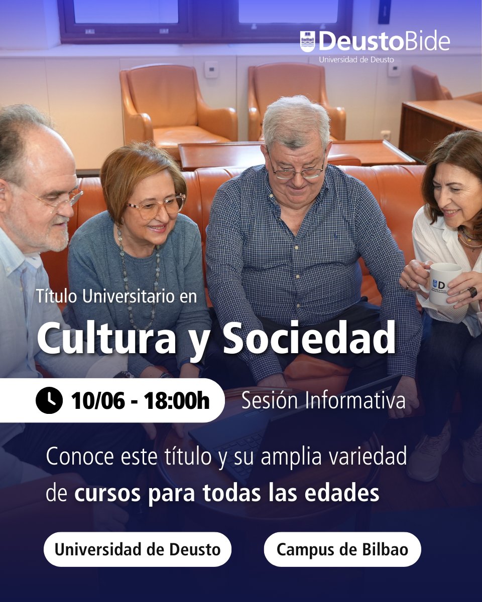 Deusto Estudios Ocio (@deustoestudocio) on Twitter photo ▶️NUEVO programa◀️ ¿Por qué estudiar Cultura y Sociedad? El aprendizaje no tiene edad y #deustobide
<a href="/deustoCCSSyHH/">Facultad de Ciencias Sociales y Humanas - Deusto</a> <a href="/deusto/">Universidad Deusto - Deustuko Unibertsitatea</a> ofrece programa dirigido a quienes quieren vivir/revivir la experiencia universitaria. Confirmar asistencia: goo.su/ItiVE Colabora <a href="/FundlaCaixa/">Fundación ”la Caixa”</a> ▶️NUEVO programa◀️ ¿Por qué estudiar Cultura y Sociedad? El aprendizaje no tiene edad y #deustobide
<a href="/deustoCCSSyHH/">Facultad de Ciencias Sociales y Humanas - Deusto</a> <a href="/deusto/">Universidad Deusto - Deustuko Unibertsitatea</a> ofrece programa dirigido a quienes quieren vivir/revivir la experiencia universitaria. Confirmar asistencia: goo.su/ItiVE Colabora <a href="/FundlaCaixa/">Fundación ”la Caixa”</a>