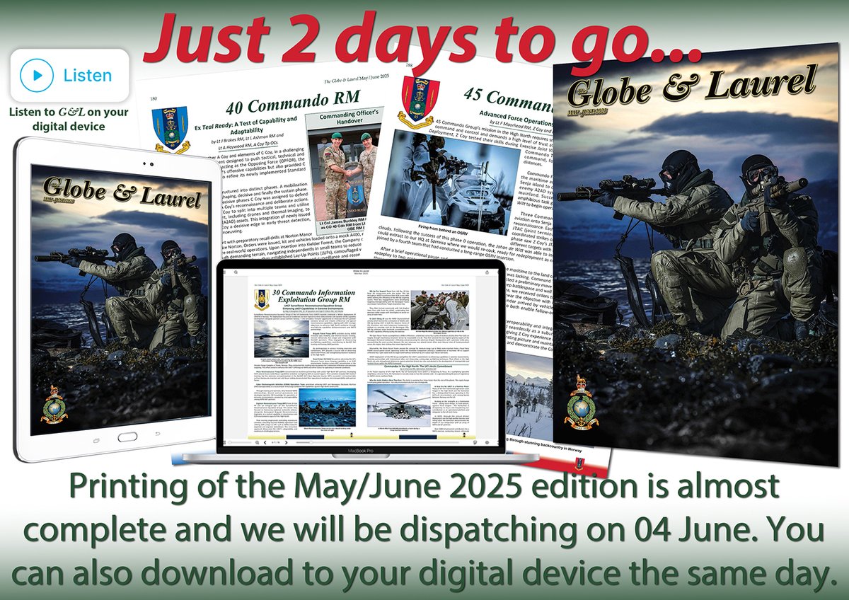 Just 2 days to go.....

The May/June 2025 edition will be available on 4 June, in print, on your digital device and in audio. All the news, all the banter, all the Corps Family. Visit our website for everything Globe &amp; Laurel: globeandlaurelmagazine.co.uk