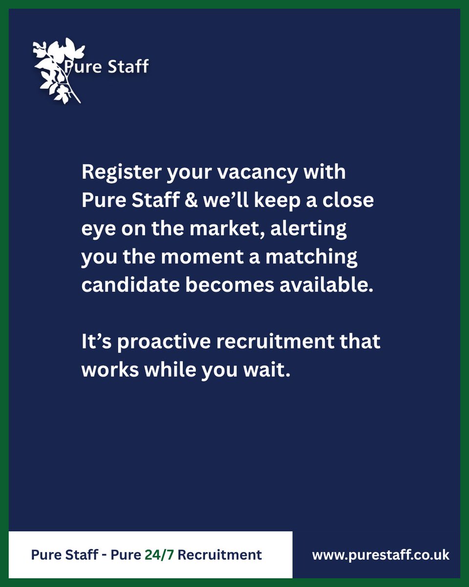 PureStaffLtd's tweet image. Register your vacancy with Pure Staff here and we’ll keep a close eye on the market, alerting you the moment a matching candidate becomes available.

It’s proactive recruitment that works while you wait.

#PureStaff #WatchList #ProactiveHiring
