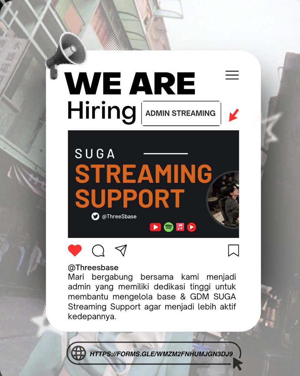 ThreeSbase's tweet image. [📢] NEW ADMIN RECRUITMENT

Hi, INDOMYs! 👋🏻

SUGA Streaming Support sedang mencari partner baru yang memiliki dedikasi tinggi juga aktif untuk bergabung dengan kami sebagai admin yang dapat membantu mengelola Base &amp;amp; GDM kami!

Form pendaftaran 🔗 forms.gle/Nd5RzmMUaE6bGL…