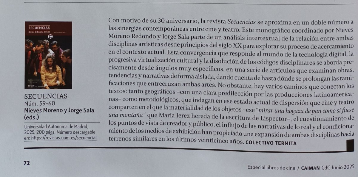 Secuencias (@revsecuencias) on Twitter photo Reseña en <a href="/CaimanCDC/">Caimán CDC</a> de nuestro último monográfico, un doble número que conmemora los 30 primeros años de la revista y un especial sobre las relaciones entre cine y teatro. No te lo pierdas.
revistas.uam.es/secuencias Reseña en <a href="/CaimanCDC/">Caimán CDC</a> de nuestro último monográfico, un doble número que conmemora los 30 primeros años de la revista y un especial sobre las relaciones entre cine y teatro. No te lo pierdas.
revistas.uam.es/secuencias