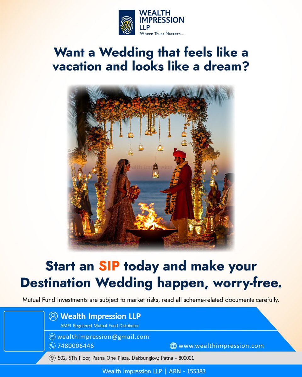 wiPatna's tweet photo. A wedding that feels like a getaway and looks like a fairytale begins with SIP. #DreamBigPlanSmart #SIPForYou #PerfectWeddingVibes To receive your copy of FREE eBook on Financial Freedom https://t.co/iMo8aDvbrh https://t.co/HmR9J2KgI7