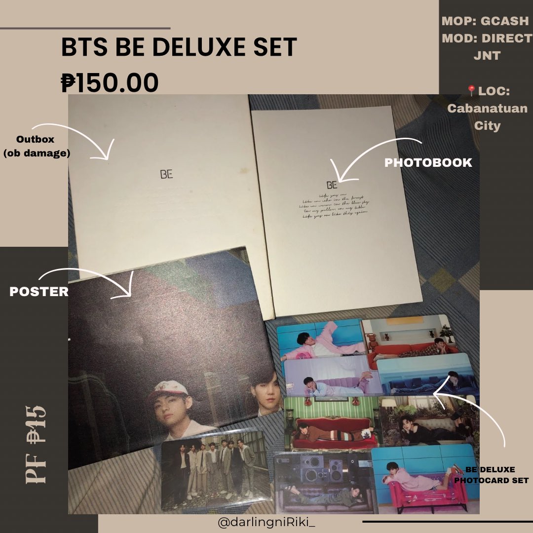 WTS LFB BTS BE DELUXE ALBUM PH
₱150.00 only

please read my T&amp;C before transacting with me, help rt tysm

🏷BTS COMEBACK NAMJOON RM JIN JHOPE SUGA JIMIN TAEHYUNG V JUNGKOOK PC UNSEALED PHOTOCARD