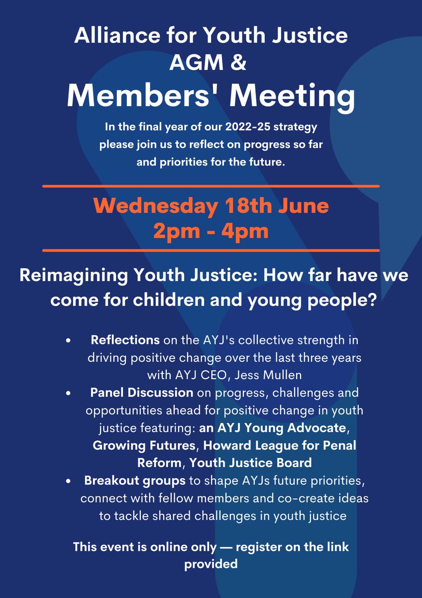 AYJ (@the_ayj) on Twitter photo 🔵 AYJ MEMBERS’ MEETING & AGM
📅 18 June, 2–4pm (online)
📍 Members only – register: lu.ma/7e1x0jff
Speakers incl. <a href="/keithfraser2017/">Keith Fraser</a>, Desmond Brown, Gemma Abbott & Leon Smith.
Not yet a member? If your org works in youth justice, we’d love to hear from you! 🔵 AYJ MEMBERS’ MEETING & AGM
📅 18 June, 2–4pm (online)
📍 Members only – register: lu.ma/7e1x0jff
Speakers incl. <a href="/keithfraser2017/">Keith Fraser</a>, Desmond Brown, Gemma Abbott & Leon Smith.
Not yet a member? If your org works in youth justice, we’d love to hear from you!