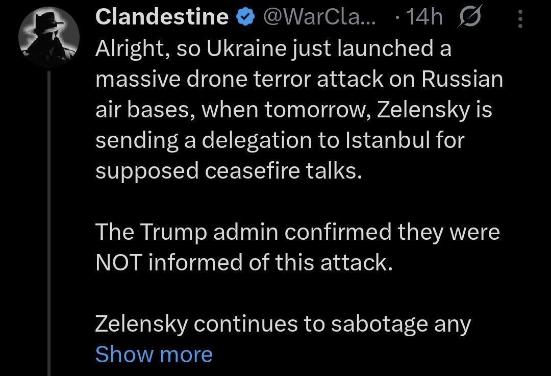 It’s always the same with accounts like this loud takes, zero context.

They’ll moan about Ukraine’s drone strike but conveniently ignore that Russia has been hammering Ukraine with missiles and drones for weeks.

Infact, just the night before Ukraine’s operation, Russia launched