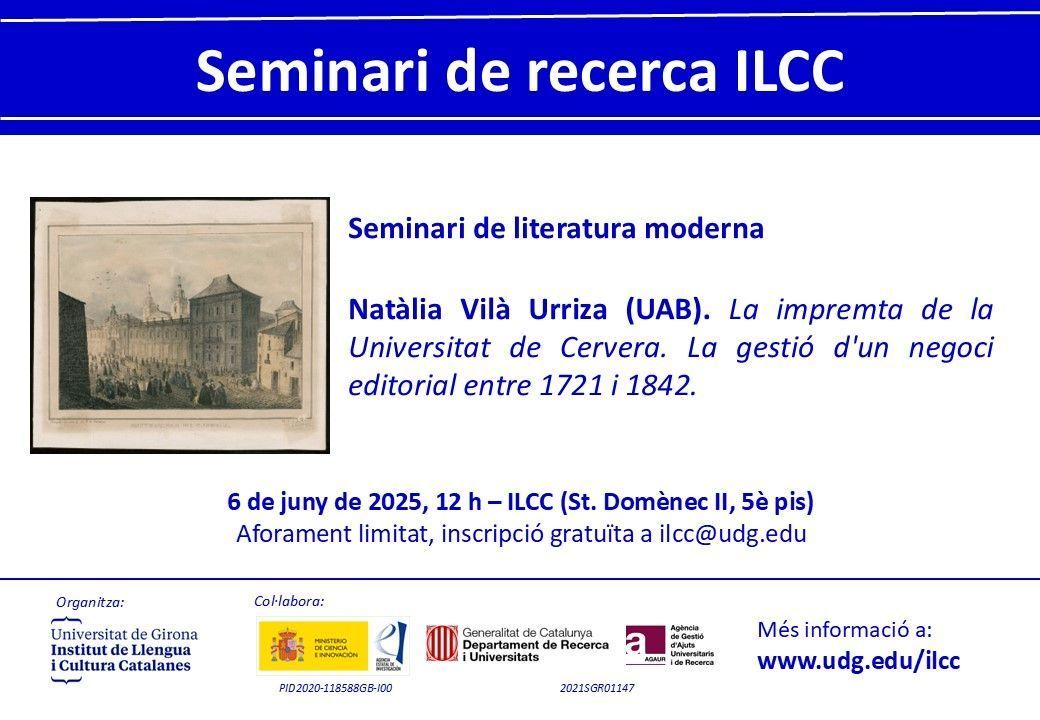 ILCC_UdG (@ilccudg) on Twitter photo 📢 Recordeu que el divendres 6 de juny celebrarem un #SeminarisILCC sobre literatura moderna: Natàlia Vilà (<a href="/UABBarcelona/">Universitat Autònoma de Barcelona</a>) presentarà «La impremta de la Universitat de Cervera. La gestió d'un negoci editorial entre 1721 i 1842».
📅 06.06.2025
⏲️ 12 h
📍 <a href="/UdGLletres/">Facultat de Lletres UdG</a> 📢 Recordeu que el divendres 6 de juny celebrarem un #SeminarisILCC sobre literatura moderna: Natàlia Vilà (<a href="/UABBarcelona/">Universitat Autònoma de Barcelona</a>) presentarà «La impremta de la Universitat de Cervera. La gestió d'un negoci editorial entre 1721 i 1842».
📅 06.06.2025
⏲️ 12 h
📍 <a href="/UdGLletres/">Facultat de Lletres UdG</a>