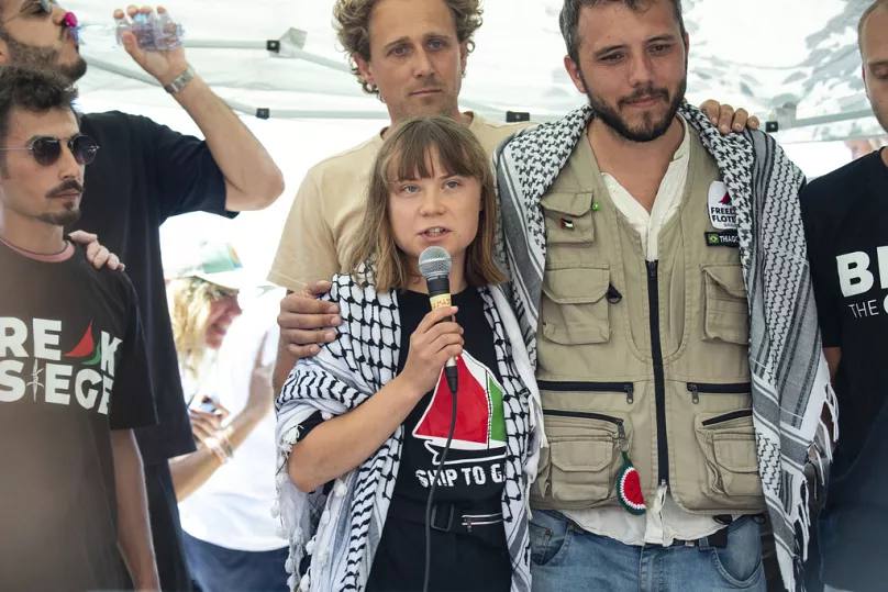 Greta Thunberg joins Gaza-bound aid boat in defiance of Israeli blockade
——
Swedish activist Greta Thunberg and Irish actor Liam Cunningham have joined a Gaza-bound humanitarian vessel that set sail from the Italian port of Catania, as part of the Freedom Flotilla Coalition’s
