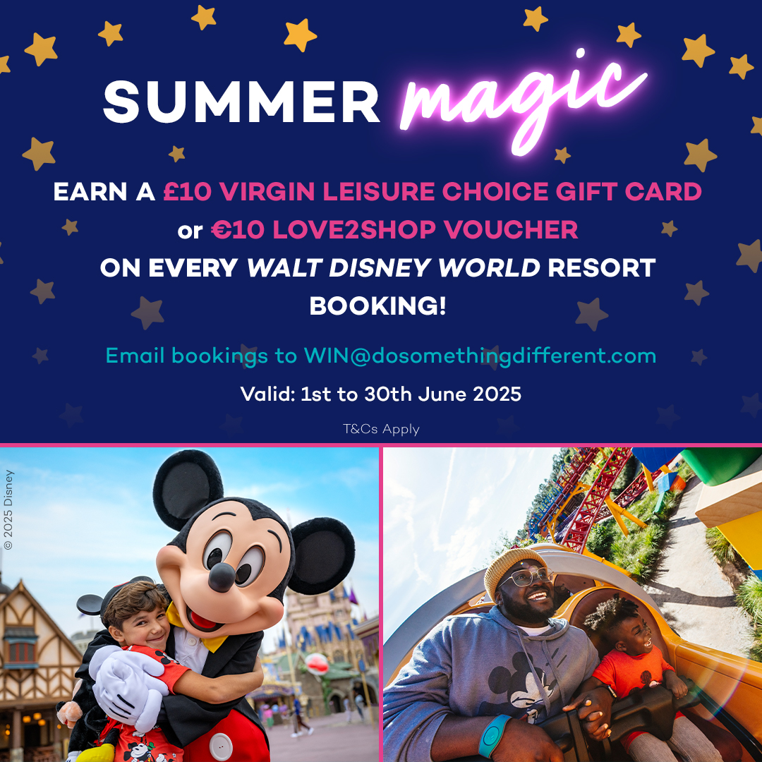 SUMMER MAGIC BOOKING INCENTIVE 
Earn a £10 Virgin Leisure Choice Gift Card or a €10 Love2Shop Voucher for every Walt Disney World Resort in Florida booking made from 1st-30th June*!
Learn More: dosomethingdifferent.com/basic-page/tre…
*T&amp;Cs Apply.
