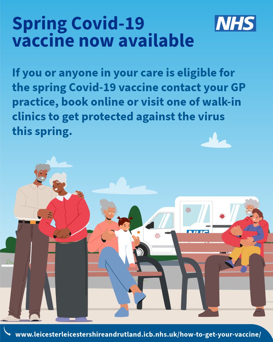 St Philip's Centre (@spcleicester) on Twitter photo There’s not long left to get your spring #Covid vaccine.
If you’re aged 75+ or have a weakened immune system, getting vaccinated will help to reduce your risk of becoming seriously unwell.
Click the link for more info and all the vaccination options: …erleicestershireandrutland.icb.nhs.uk/how-to-get-you… There’s not long left to get your spring #Covid vaccine.
If you’re aged 75+ or have a weakened immune system, getting vaccinated will help to reduce your risk of becoming seriously unwell.
Click the link for more info and all the vaccination options: …erleicestershireandrutland.icb.nhs.uk/how-to-get-you…