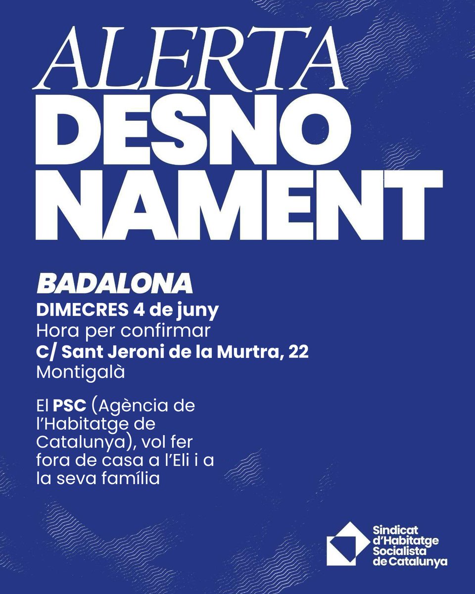 🔵 𝗗𝗘𝗦𝗡𝗢𝗡𝗔𝗠𝗘𝗡𝗧 𝗠𝗢𝗡𝗧𝗜𝗚𝗔𝗟𝗔̀

PSC, ERC i Comuns donen lliçons sobre polítiques públiques d'habitatge.

El Sindicat d'Habitatge lluitem per la política d'habitatge dels treballadors.

Dimecres a Montigalà.

🕒 Hora a confirmar
📌 C/ St Jeroni Murtra, 22