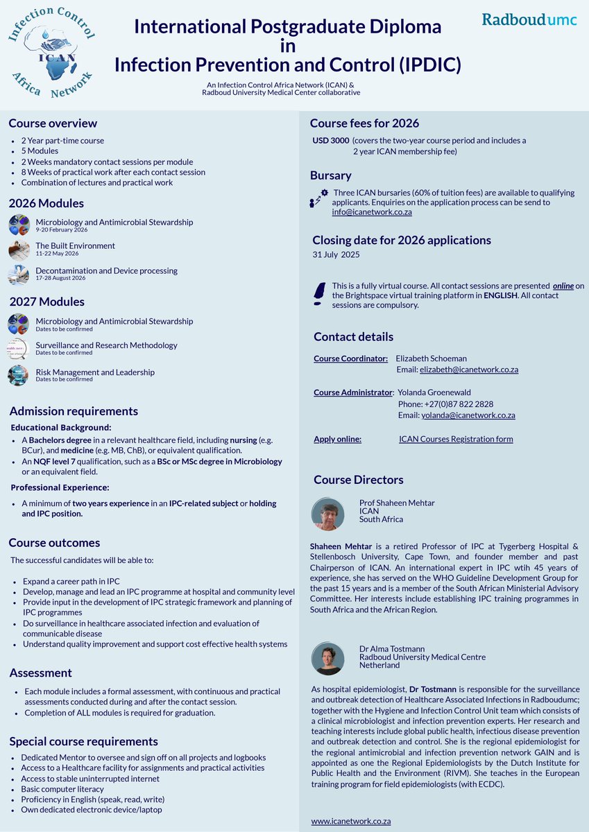 ICANetwork (@icafricanetwork) on Twitter photo 📢 Registrations are OPEN for the International Postgraduate in Infection Prevention & Control (IPDIC)! 🌍
📌 Apply here:forms.office.com/r/1HEgtmvz2s
đź“§ yolanda@icanetwork.co.za
#IPDIC #InfectionPrevention #GlobalHealth #HealthcareEducation #ICANetwork 📢 Registrations are OPEN for the International Postgraduate in Infection Prevention & Control (IPDIC)! 🌍
📌 Apply here:forms.office.com/r/1HEgtmvz2s
đź“§ yolanda@icanetwork.co.za
#IPDIC #InfectionPrevention #GlobalHealth #HealthcareEducation #ICANetwork