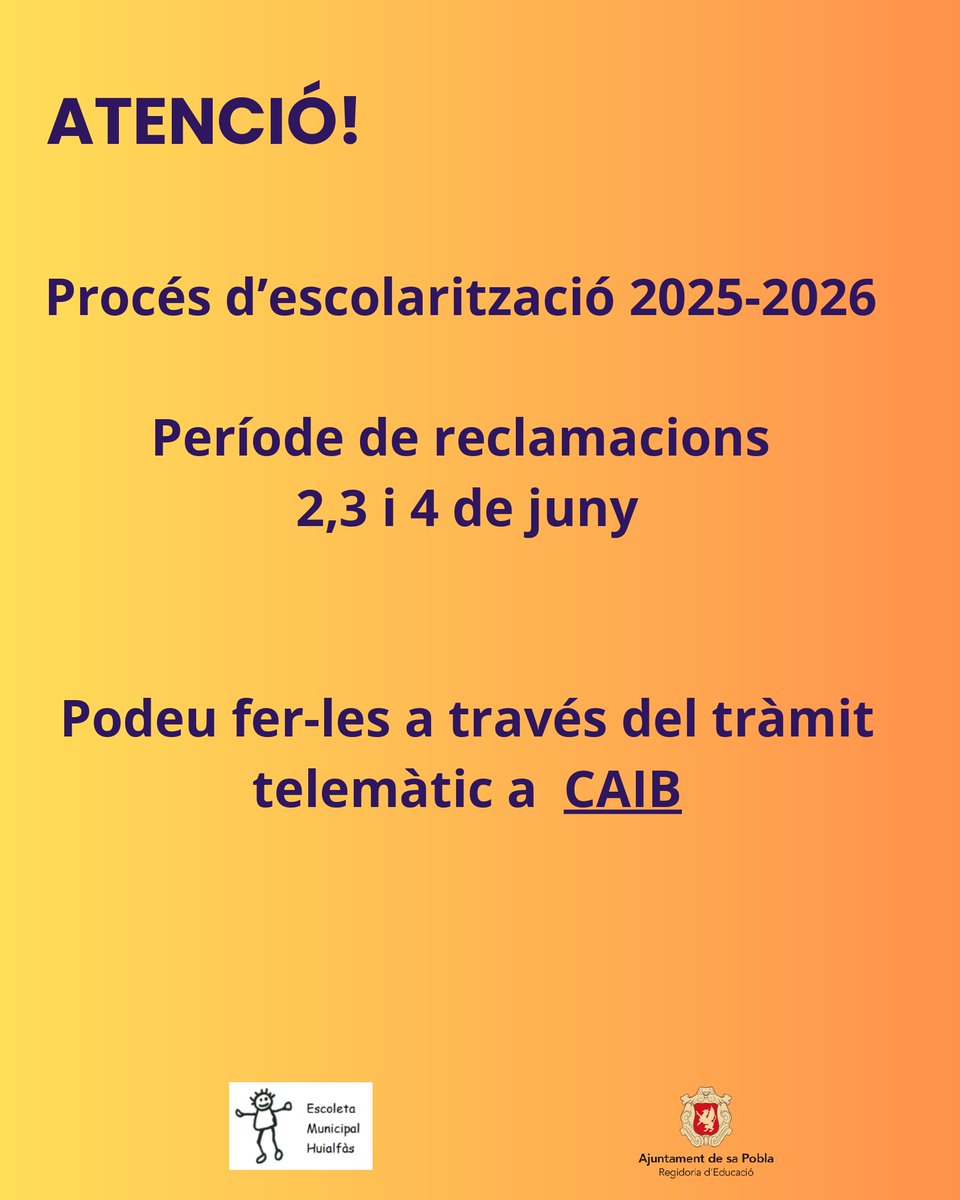 📢 Des d’avui, i fins al dimecres 4 de juny, es poden presentar reclamacions a la puntuació provisional del procés d’admissió per al primer cicle d’educació infantil (escoleta 0 - 3 anys).

🖥️ Reclamacions 👉 caib.es/sites/escolari…