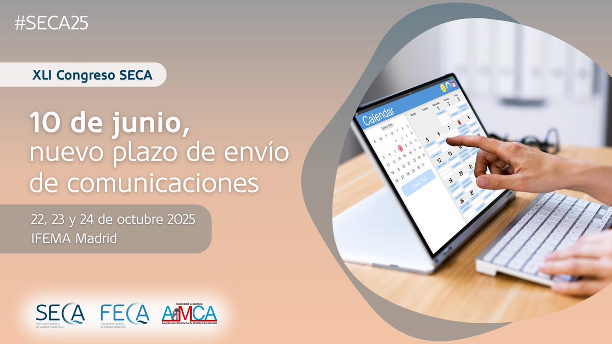 SECA ~ Sociedad Española de Calidad Asistencial (@calidadasistenc) on Twitter photo ⚠ ¡AMPLIAMOS EL PLAZO PARA ENVIAR COMUNICACIONES! ⚠
Envía tu comunicación al Congreso #SECA25 antes del 10 de JUNIO, a las 23:59h, aquí: calidadasistencial.es/xli-congreso-s…
📍 <a href="/IFEMA/">IFEMA MADRID</a>
📆 22, 23 y 24 de octubre 2025
#CalidadAsistencial ⚠ ¡AMPLIAMOS EL PLAZO PARA ENVIAR COMUNICACIONES! ⚠
Envía tu comunicación al Congreso #SECA25 antes del 10 de JUNIO, a las 23:59h, aquí: calidadasistencial.es/xli-congreso-s…
📍 <a href="/IFEMA/">IFEMA MADRID</a>
📆 22, 23 y 24 de octubre 2025
#CalidadAsistencial