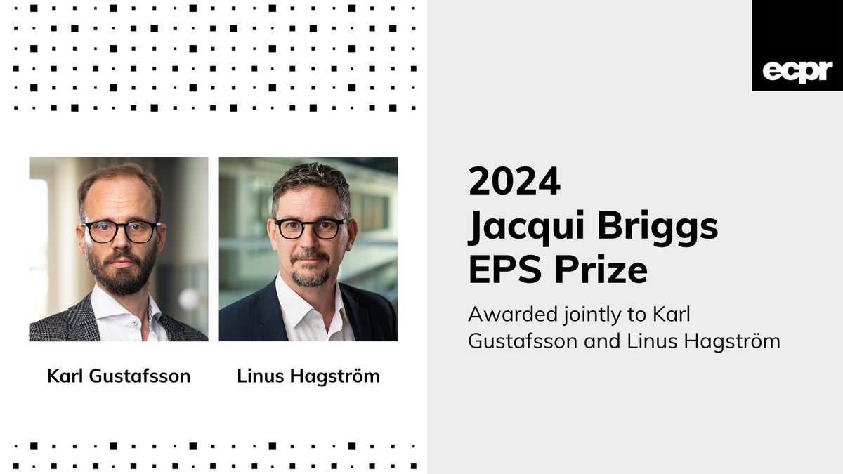 European Consortium for Political Research (@ecpr) on Twitter photo 🎉 Congratulations Karl Gustafsson & <a href="/Prof_Hagstrom/">Linus Hagström</a>, winners of the Jacqui Briggs <a href="/EPSJournal/">European Political Science Journal</a> Prize 2024!
🏆 Winning article: link.springer.com/article/10.105…
📰 Read news piece ecpr.eu/News/News/Deta… 🎉 Congratulations Karl Gustafsson & <a href="/Prof_Hagstrom/">Linus Hagström</a>, winners of the Jacqui Briggs <a href="/EPSJournal/">European Political Science Journal</a> Prize 2024!
🏆 Winning article: link.springer.com/article/10.105…
📰 Read news piece ecpr.eu/News/News/Deta…