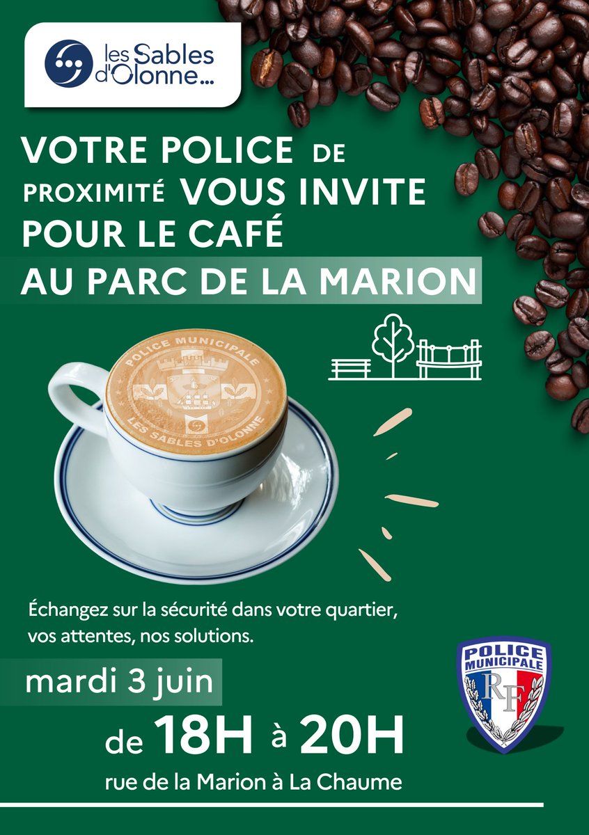 Du café, la police, des Sablais : une recette qui marche !
Vous connaissez le concept : avec ou sans sucre, déca ou pas... Dans chaque quartier les Policiers municipaux viennent à votre rencontre pour échanger autour d'un café.
✅RDV demain, de 18h à 20h
📍Parc de la Marion