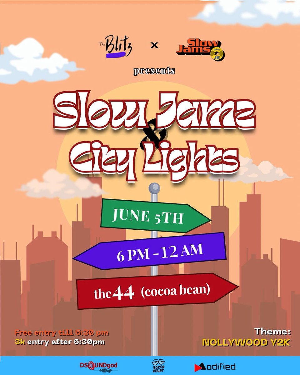 TheBlitzz__'s tweet photo. 3 days to go!

We can’t wait to see you at Slow Jamz &amp; City Lights, dressed in that iconic Nollywood Y2K vibe.

Date: Thursday, June 5
Time: 6 PM to 12 AM.
📍: the44, Bodija

Free entry till 6 PM
3k after 6:30. 

#NollywoodY2K #SlowJamz #citylights #lovesongs #trending  #ibadan https://t.co/6hDJZRLErJ