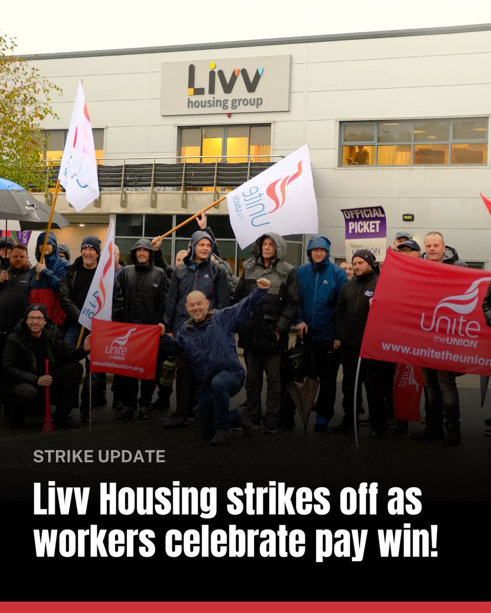 Unite_NorthWest's tweet photo. VICTORY FOR LIVV HOUSING WORKERS ✊

Over 8 months of industrial action, standing together through all conditions, our members have secured a much improved pay offer. 

Well done to all involved 👏 This is what fighting back and winning looks like! https://t.co/8PRbC7tcXi