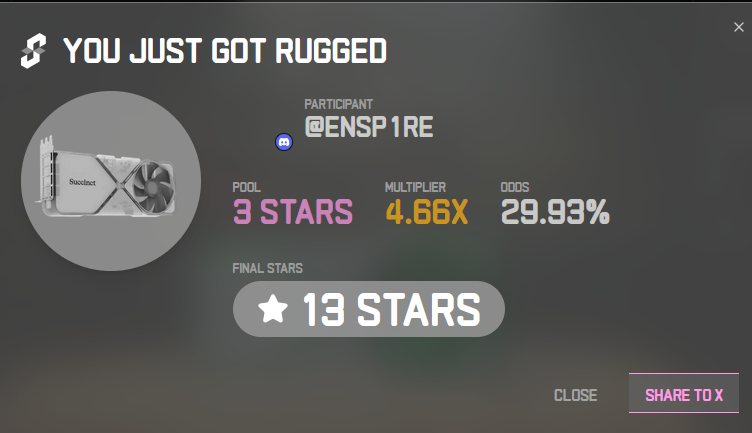 gprove

Got rugged again this morning on Succinct Stage 2

Spend all your points today - tomorrow’s the reset

New whitelist spots are coming soon!