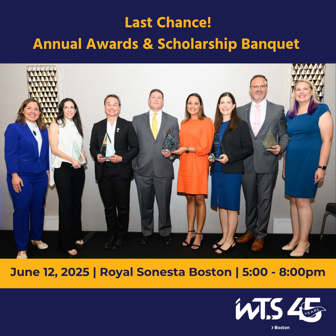 Last call for the 2025 WTS-Boston Awards and Scholarship Banquet! Please join us in celebrating the accomplishments of our friends and colleagues on Thursday, June 12 at the Royal Sonesta. 
Registration closes today!

Register here: wtsinternational.org/events/2025-wt…