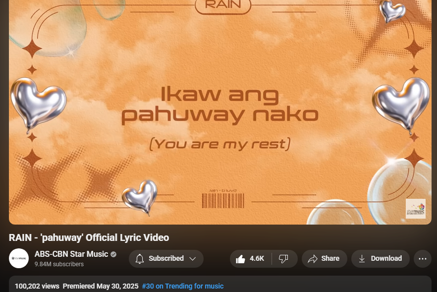 StanleeTheClown's tweet image. Wild! 100k na agad within 3 days? Lyric video pa lang ito.. Also #30 trending for music on Youtube!

Pahuway supremacy! Congrats @rainraincelmar 

#RAIN #RainCelmar #pahuway