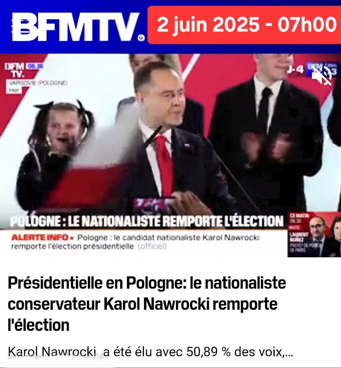 🇵🇱POLOGNE
LES ESTIMATIONS SE SONT ENCORE TROMPÉES EN FAVEUR DU CANDIDAT EUROPÉISTE
2h après la fin du scrutin,elles donnaient 51% au candidat européiste Trzaskowski.
En fait,c'est l'inverse: 51% pour Nawrocki.
Le trucage à la moldave ou à la roumaine aurait-il foiré in extremis ?